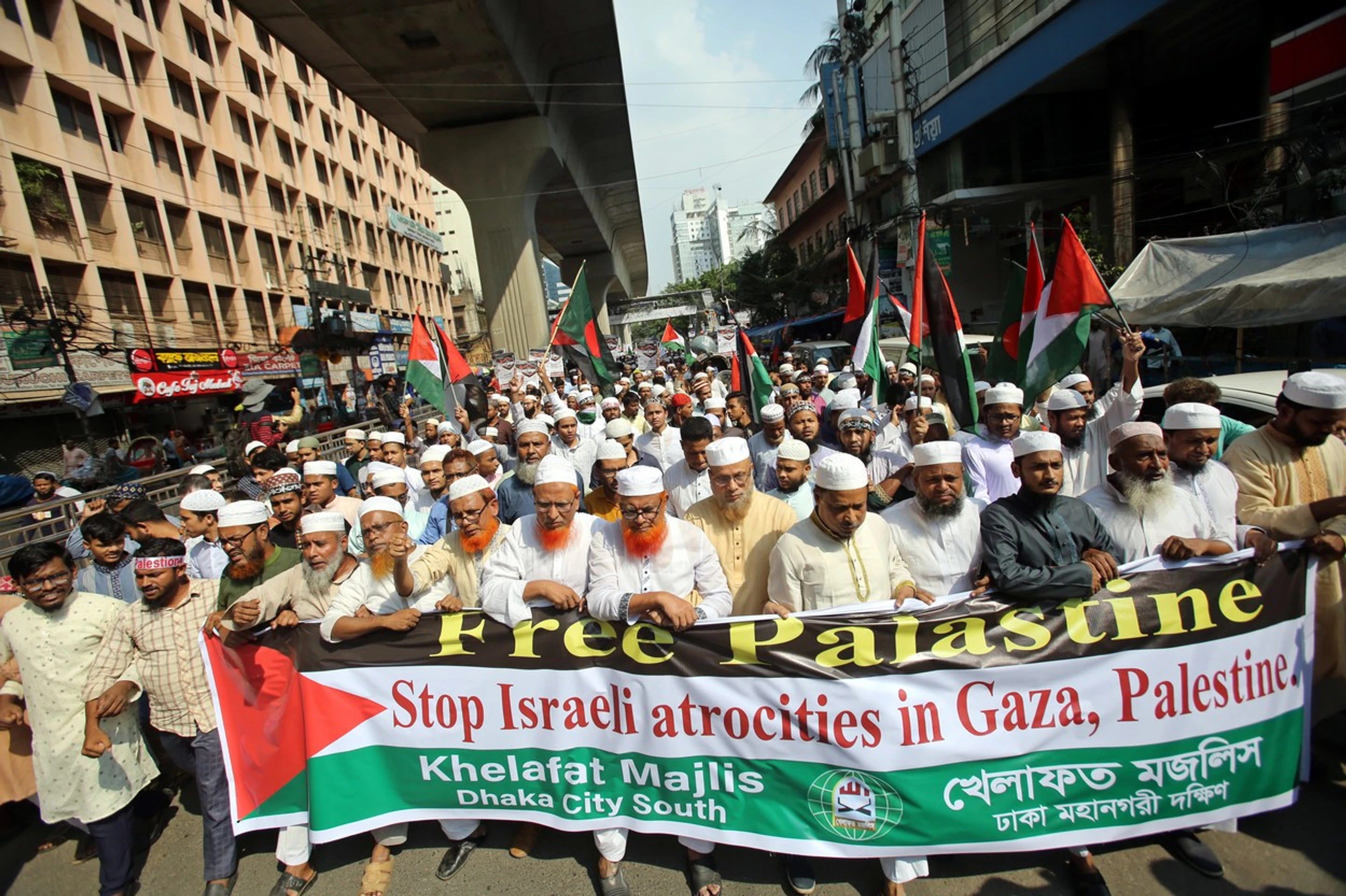 Protestný pochod na podporu Palestíny v Dhake.