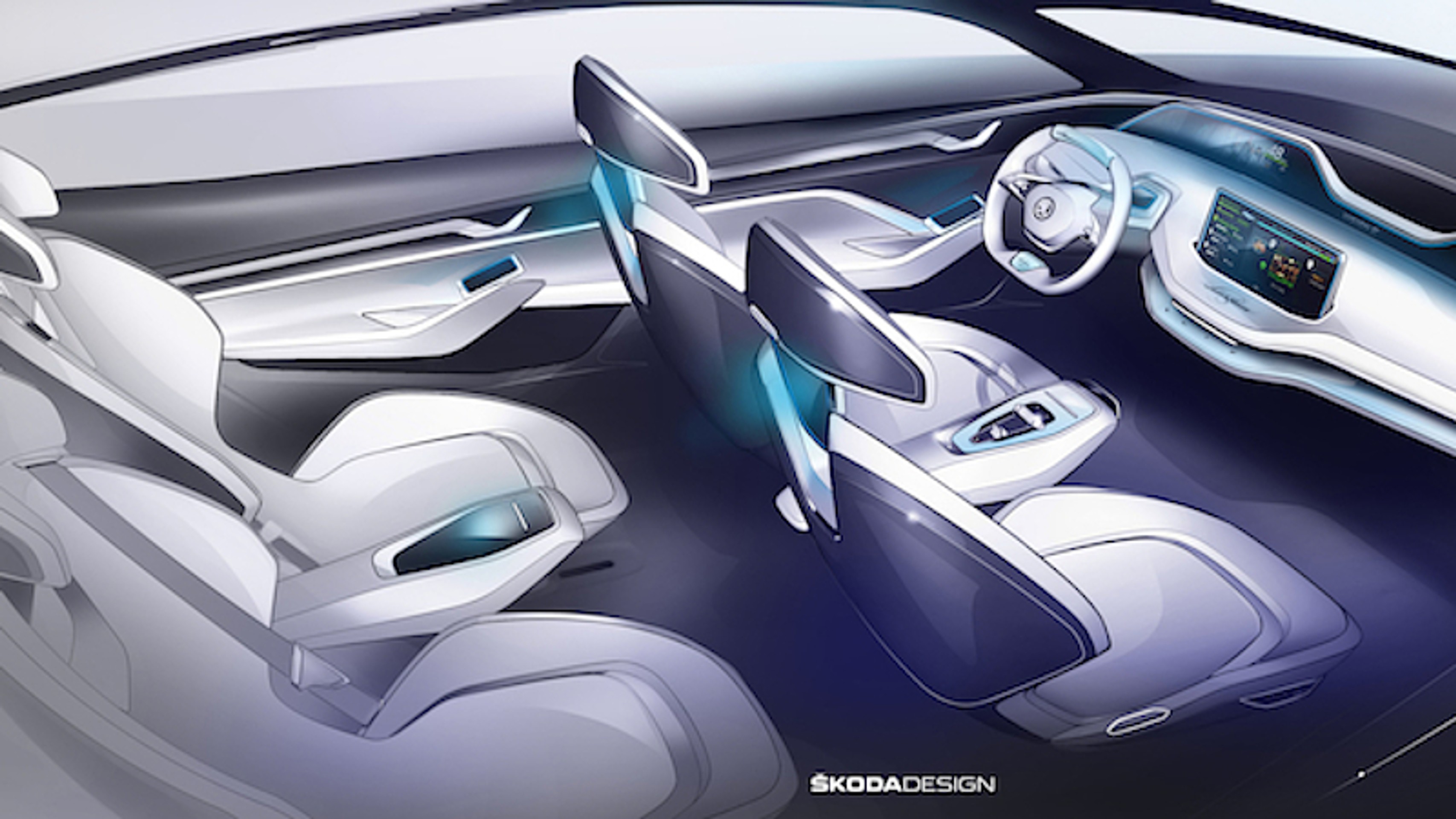Skica interiéru koncepčného auta Mission E.