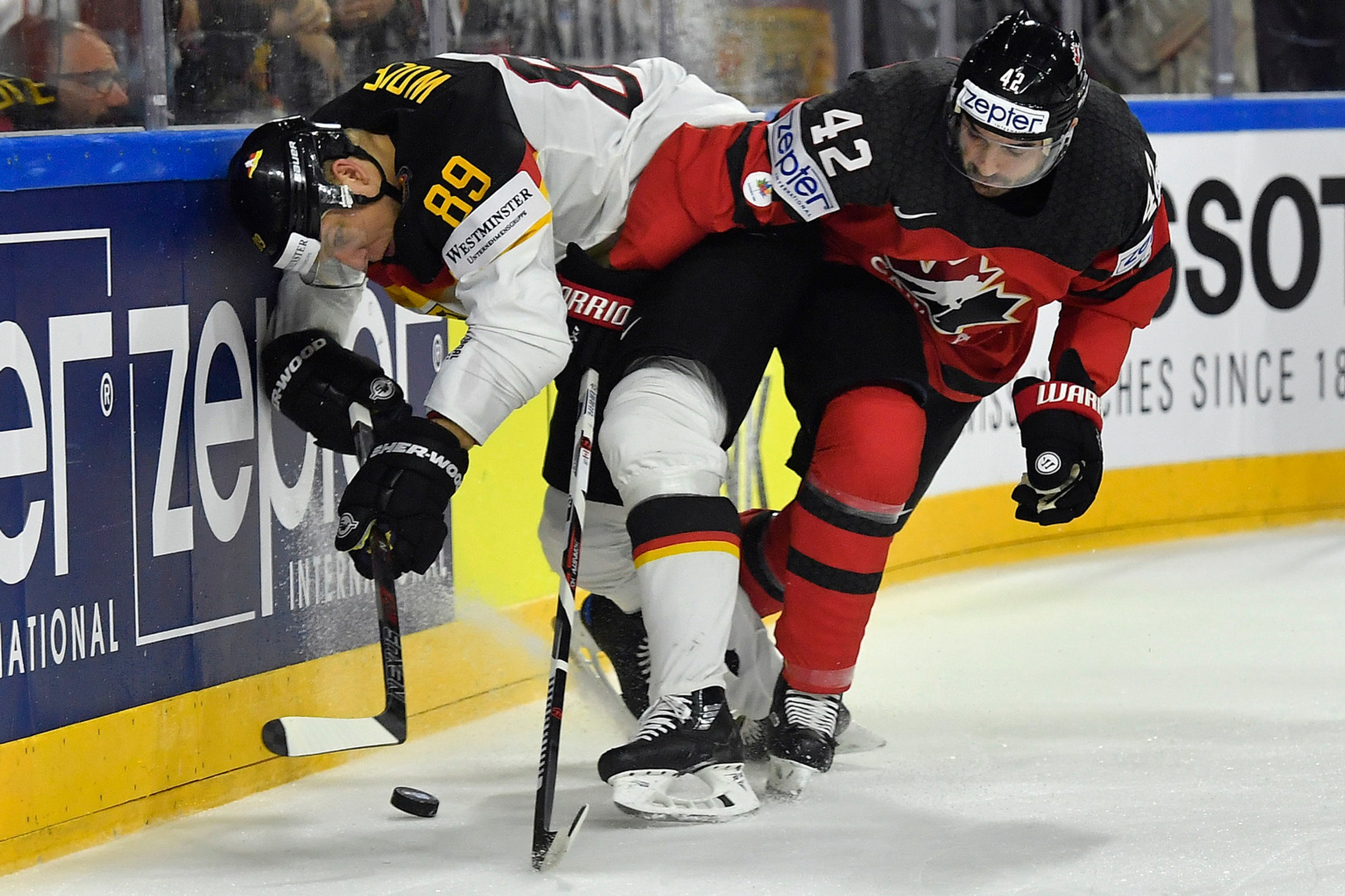 Kanaďan Chris Lee (vpravo) v súboji s Nemcom Davidom Wolfom vo štvrťfinále MS 2017.