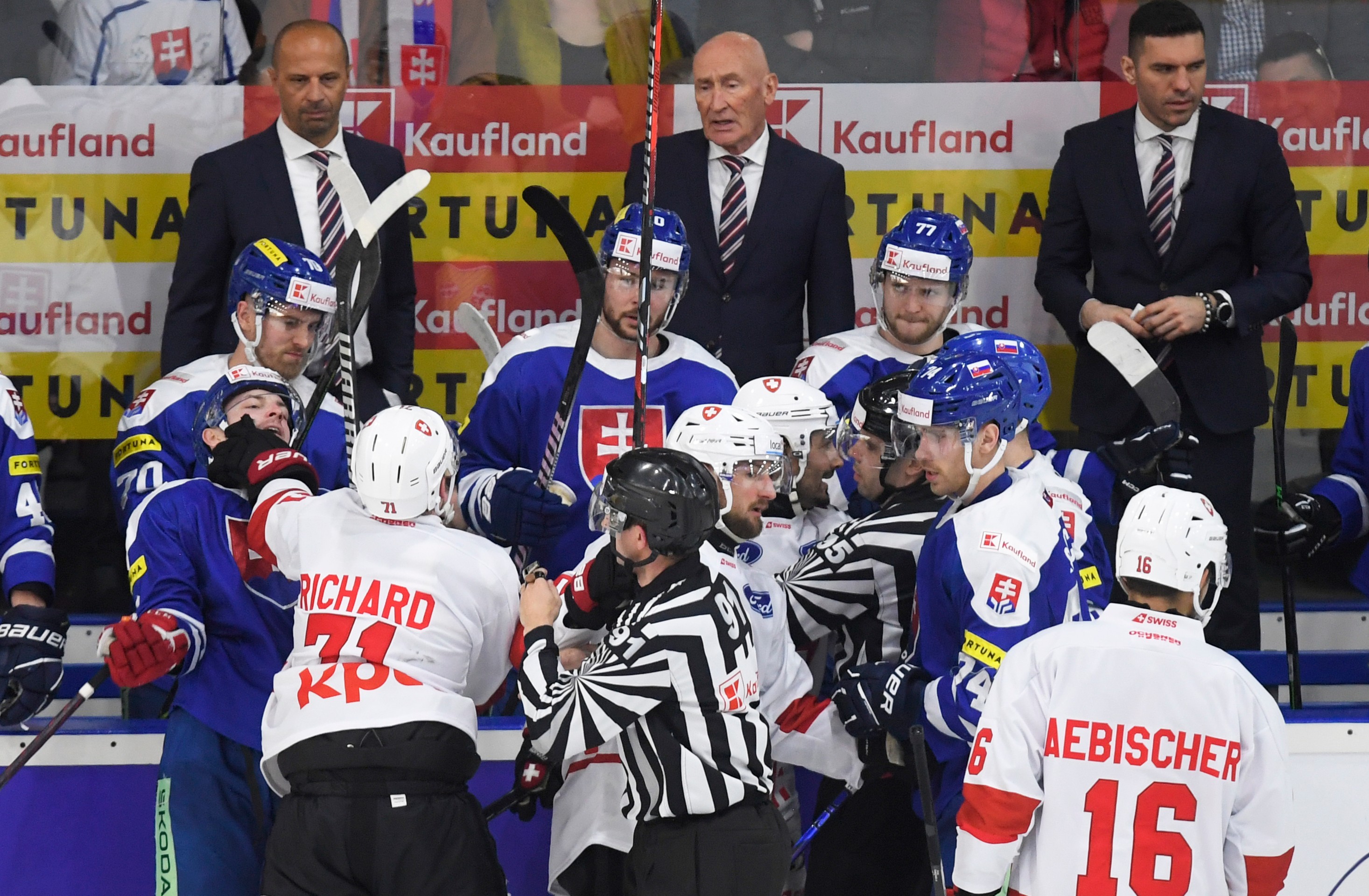 Na snímke šarvátka hokejistov Slovenska (modré dresy) a Švajčiarska (biele dresy) pred striedačkou Slovenska.
