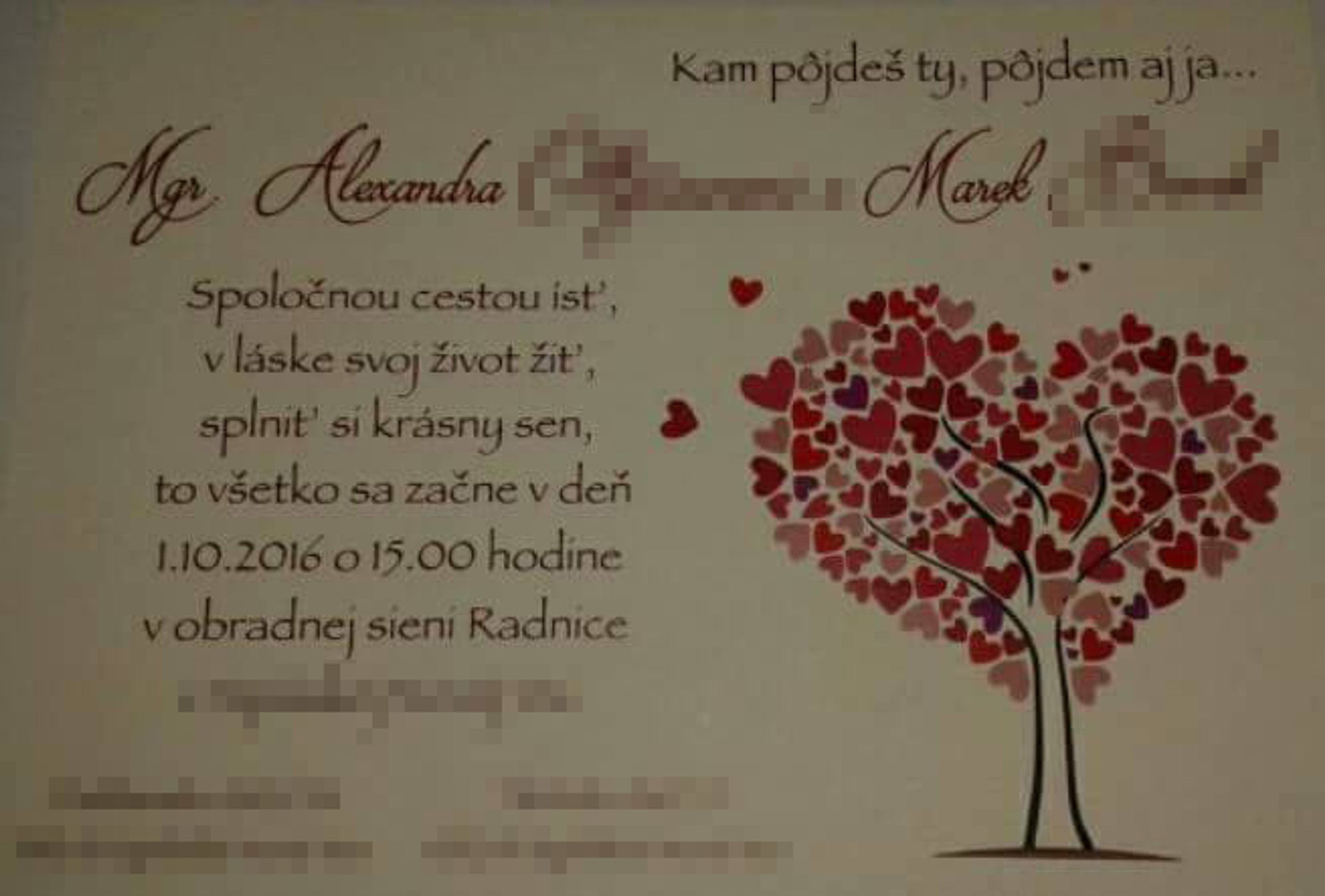 Svadobné oznámenie zosnulej Alexandry a policajta Mareka.