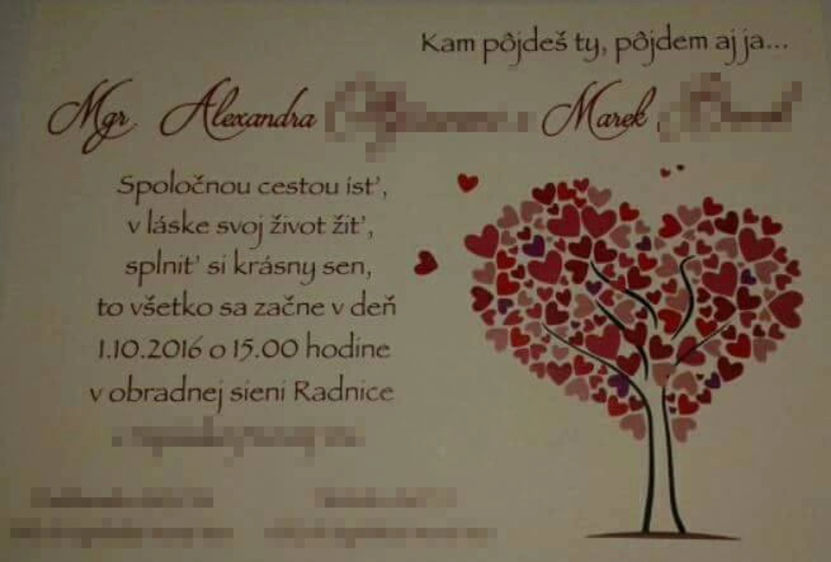 Svadobné oznámenie zosnulej Alexandry a policajta Mareka.