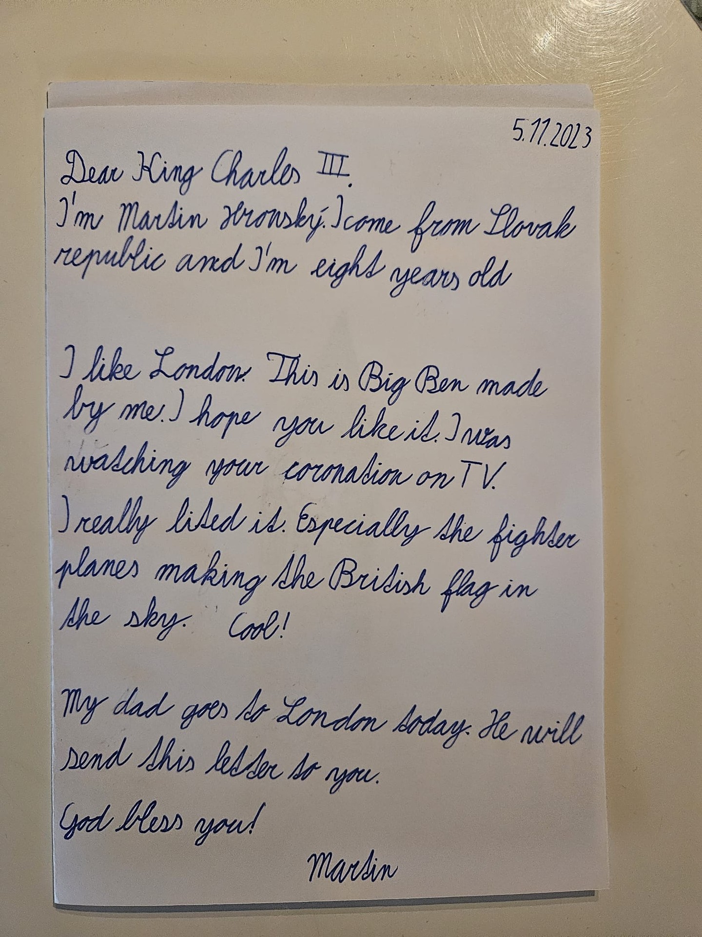 Martinkov list pre britského panovníka.