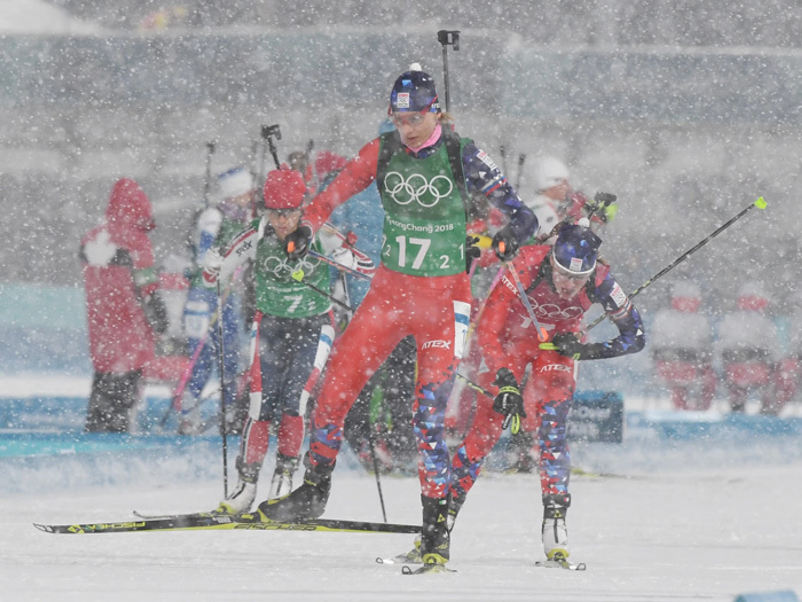 Anastasia Kuzminová v štafete žien na 4x6 km na ZOH 2018 v juhokórejskom Pjongčangu.
