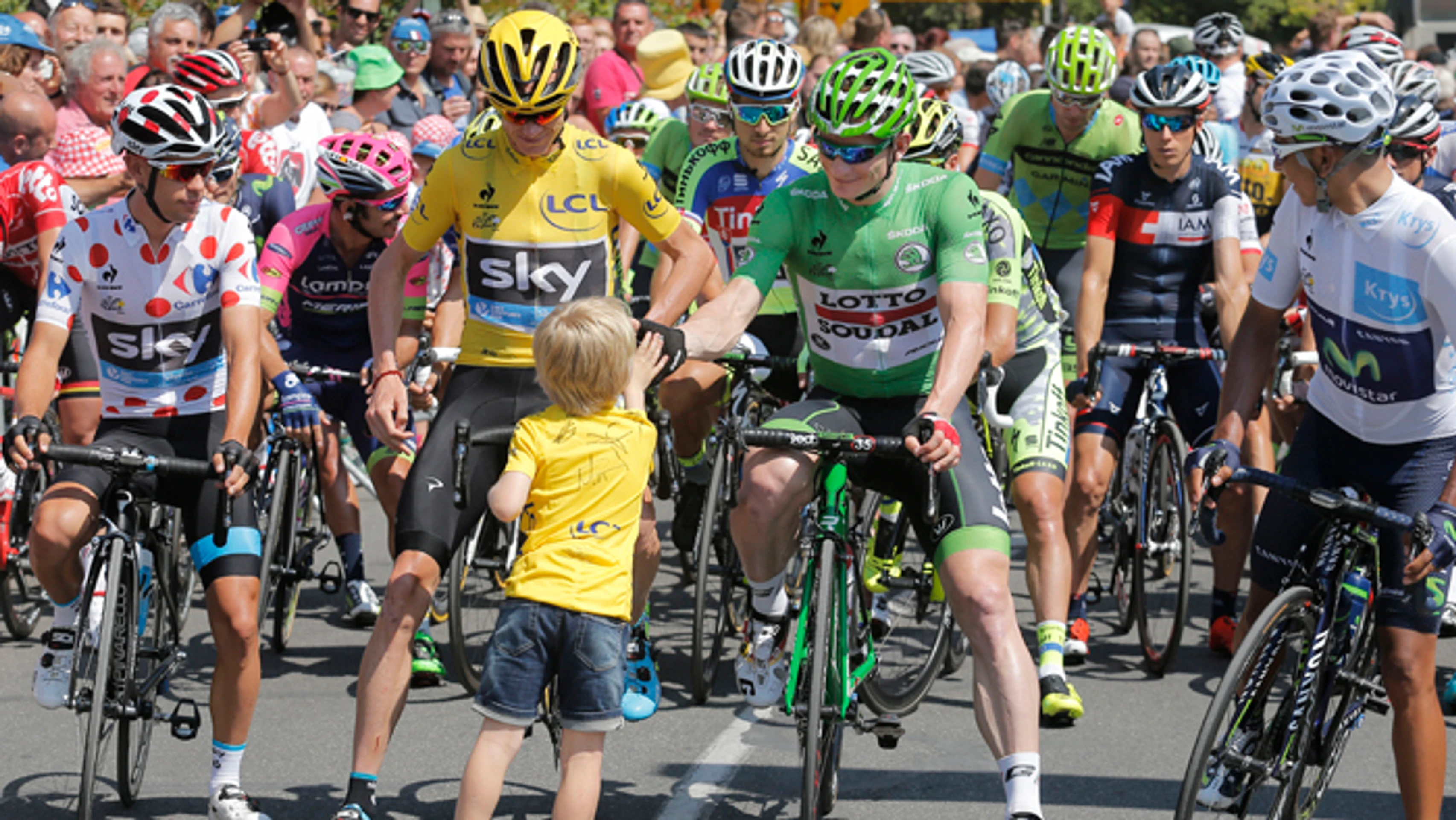 Najlepší jazdci pred 11. etapou TdF – (zľava) Richie Porte, Chris Froome, Andre Greipel a Nairo Quintana pred Petrom Saganom..