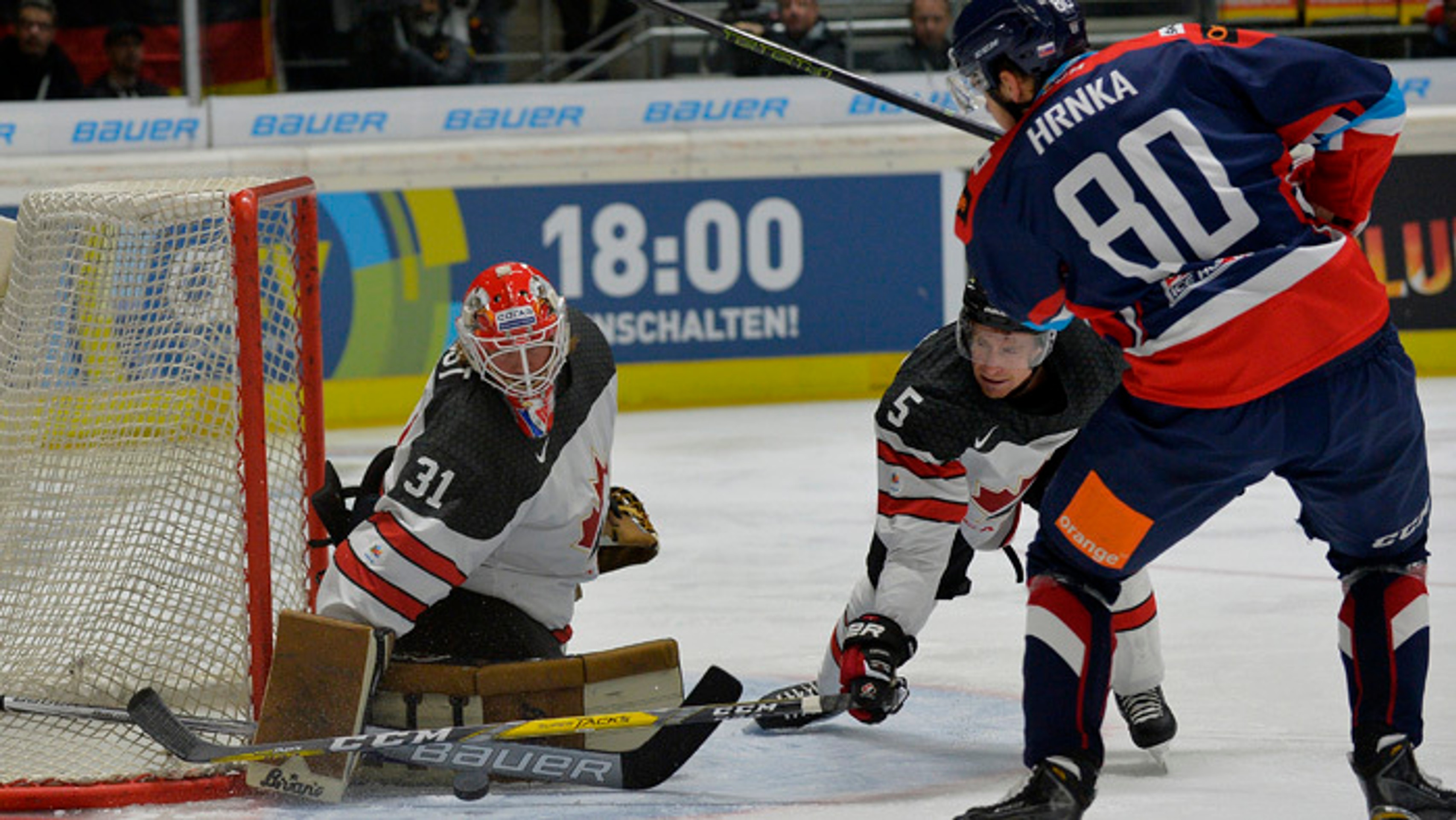 Tomáš Hrnka a kanadský brankár Barry Brust. 
