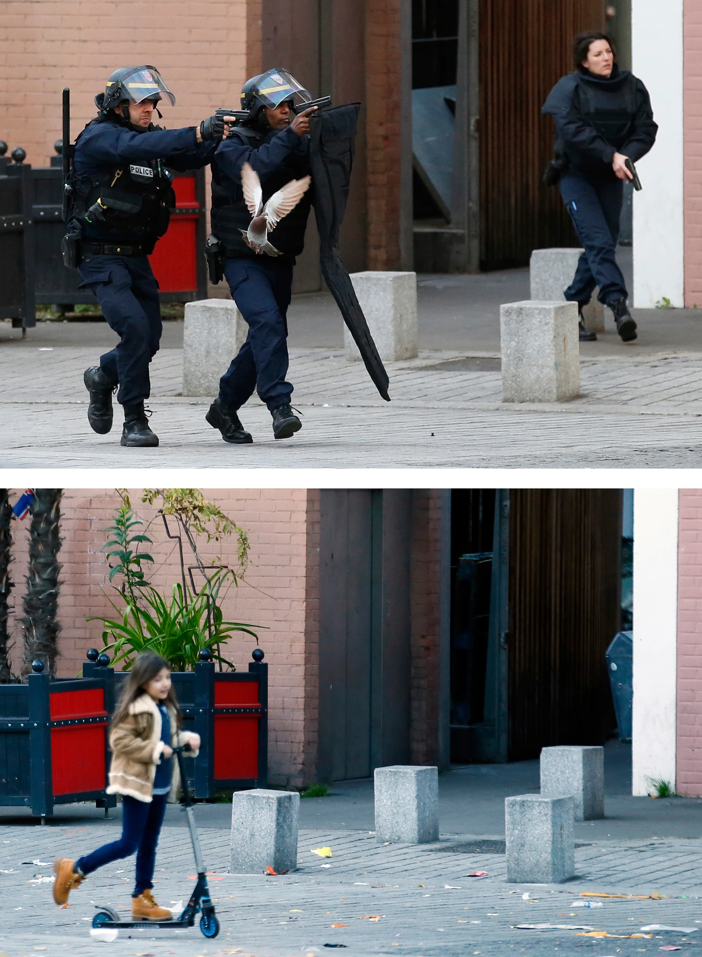 Na kombosnímke policajti (hore) zasahujú po teroristických útokoch na parížskom predmestí Saint-Denis 18. novembra 2015 a dole d